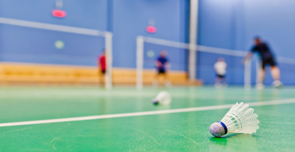 shuttlecock laying on badminton court